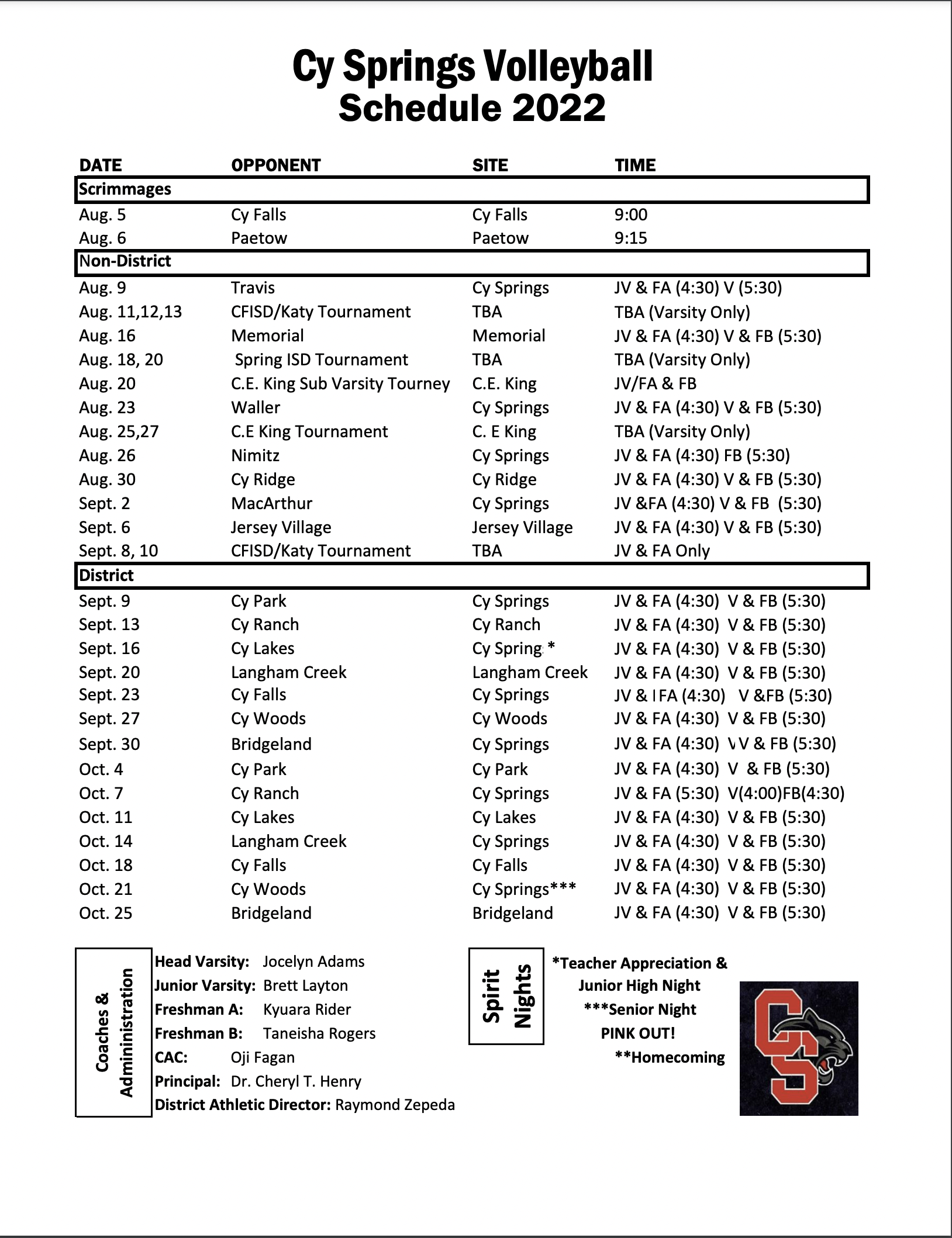Cy Springs High School Volleyball Schedule